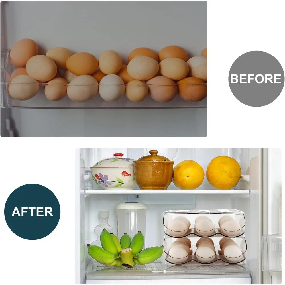 MesRosa 3 Layer Rolling Egg Holder for Fridge Clear Plastic Storage Bin 54 Eggs